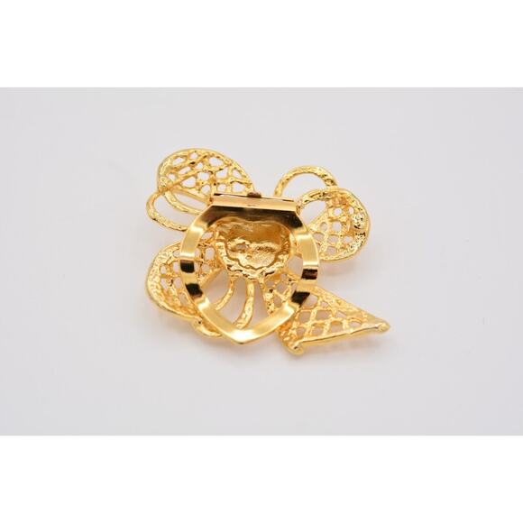 Vintage Bow Scarf Clip Faux Pearl Shiny Gold Tone Yellow Brushed 1980s 9B - Picture 9 of 12